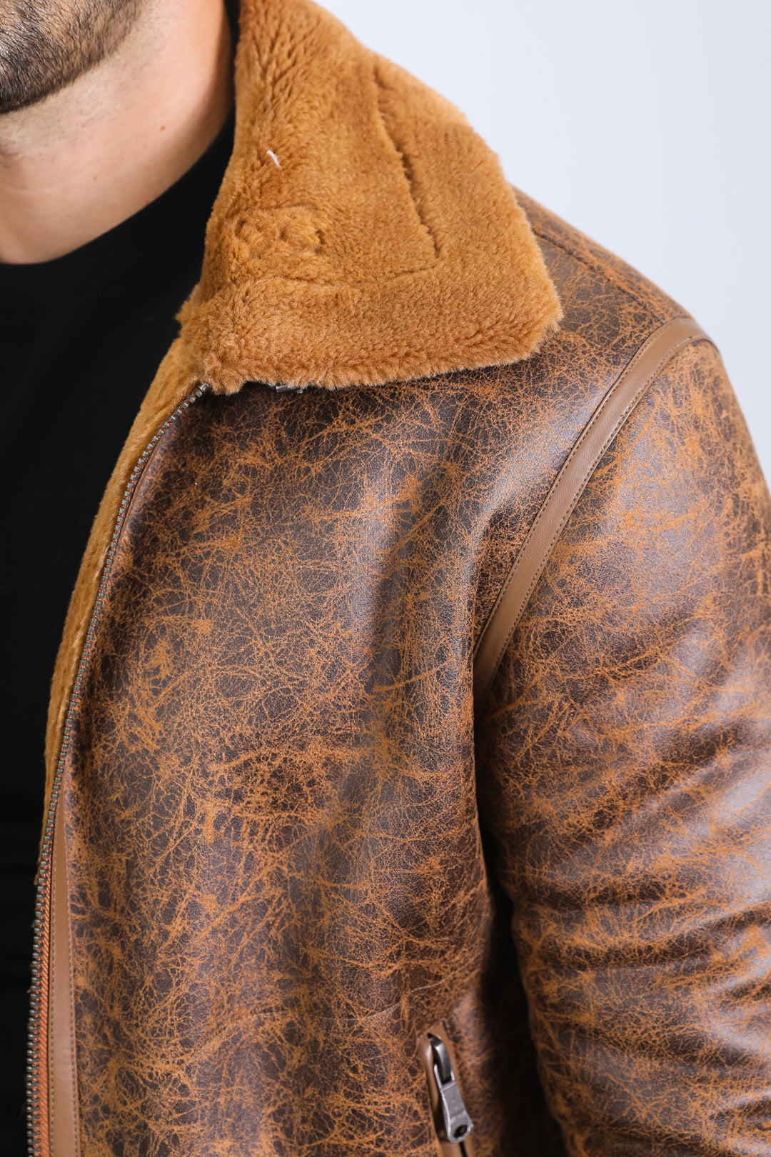 Men's Washed Suede Brown Jacket w/ Faux Shearling-lined