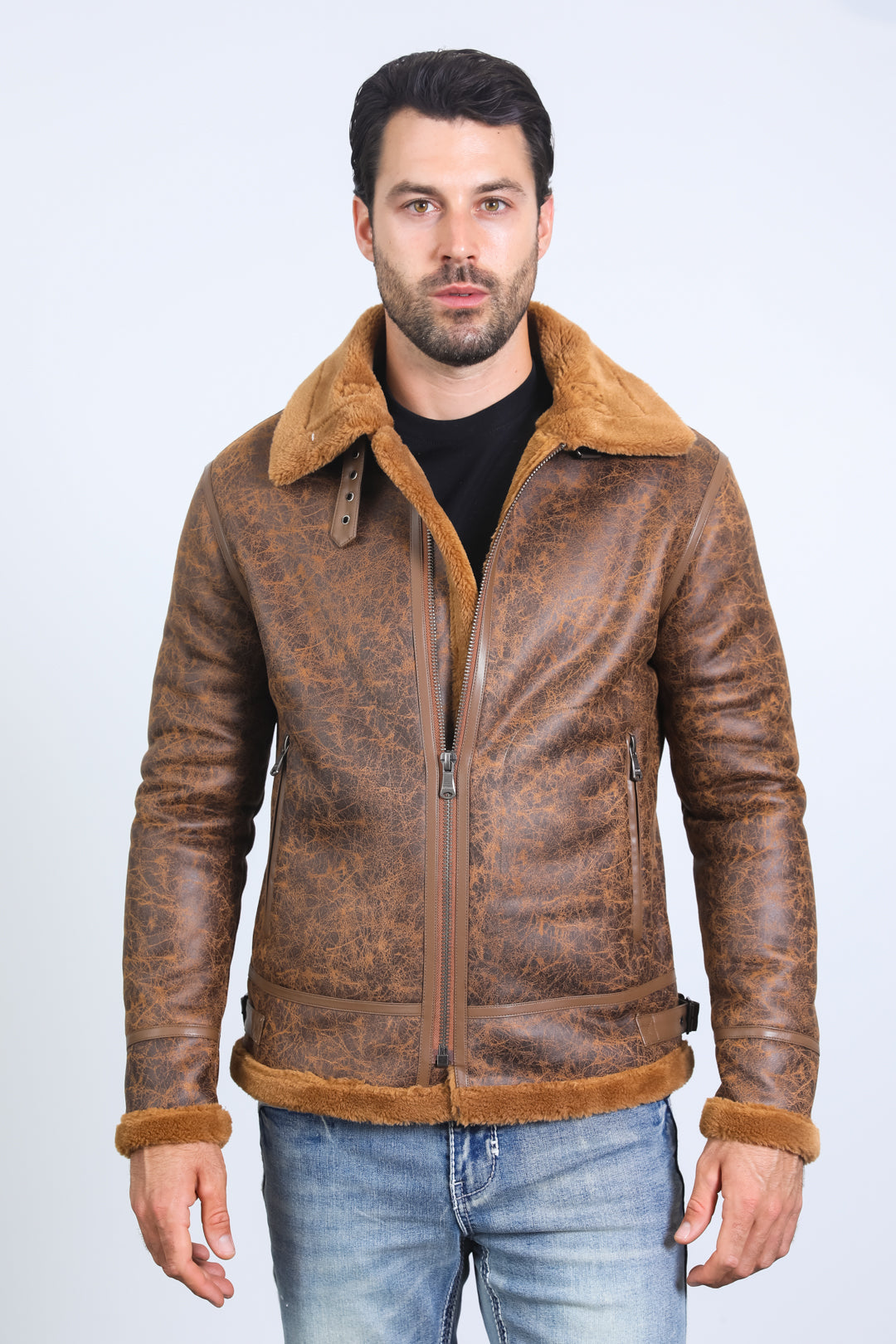 Men's Washed Suede Brown Jacket w/ Faux Shearling-lined