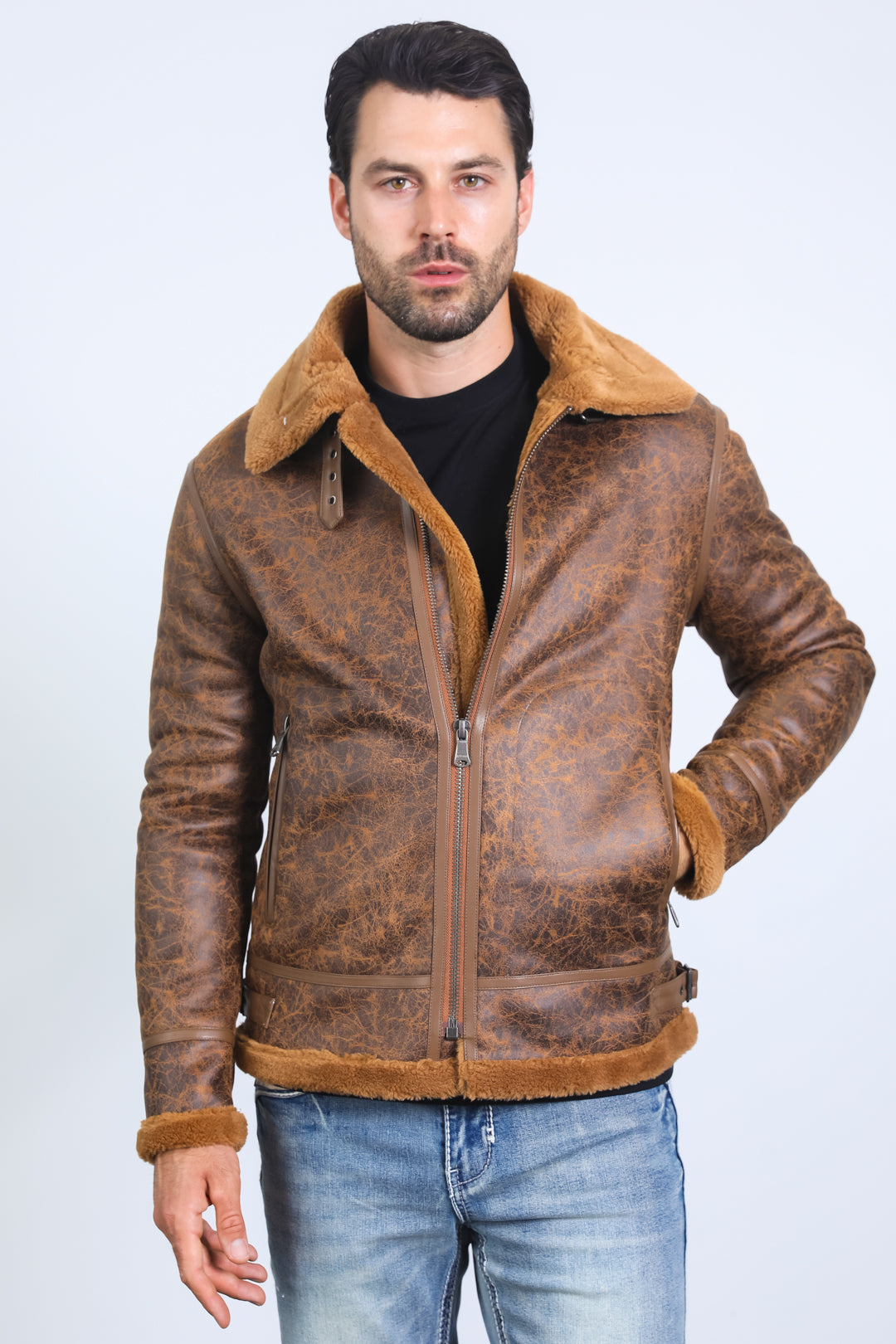 Men's Washed Suede Brown Jacket w/ Faux Shearling-lined