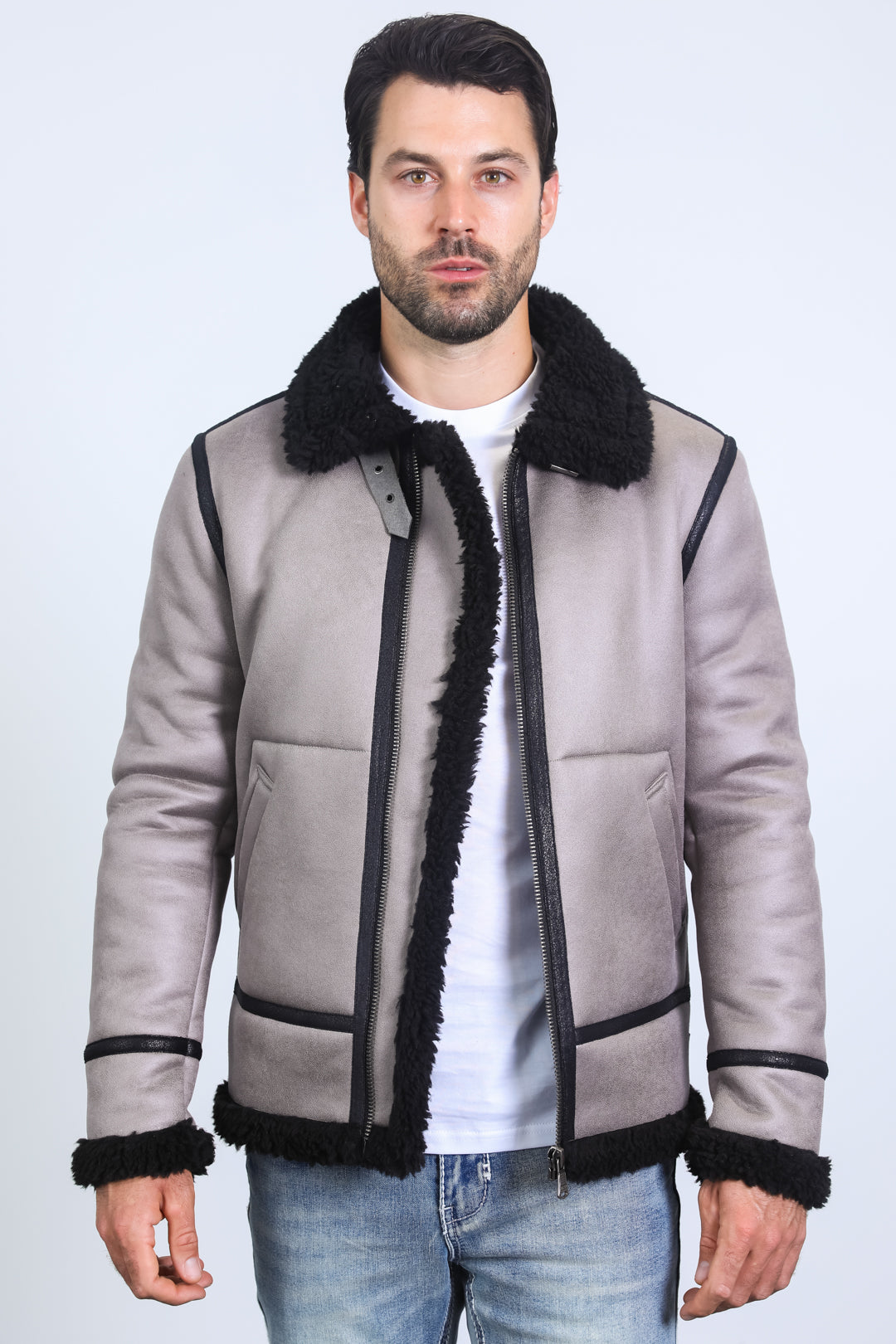 Men's Washed Suede Grey Jacket w/ Faux Shearling-lined