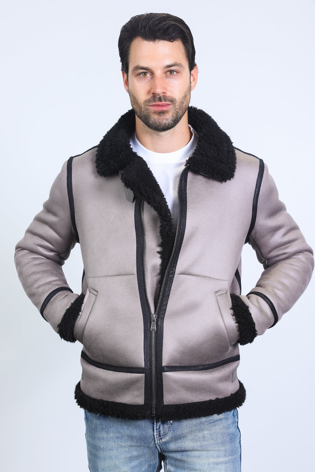 Men's Washed Suede Grey Jacket w/ Faux Shearling-lined