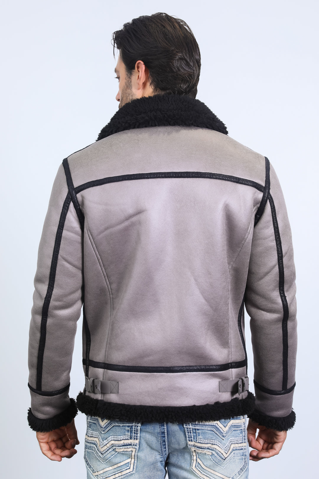 Men's Washed Suede Grey Jacket w/ Faux Shearling-lined