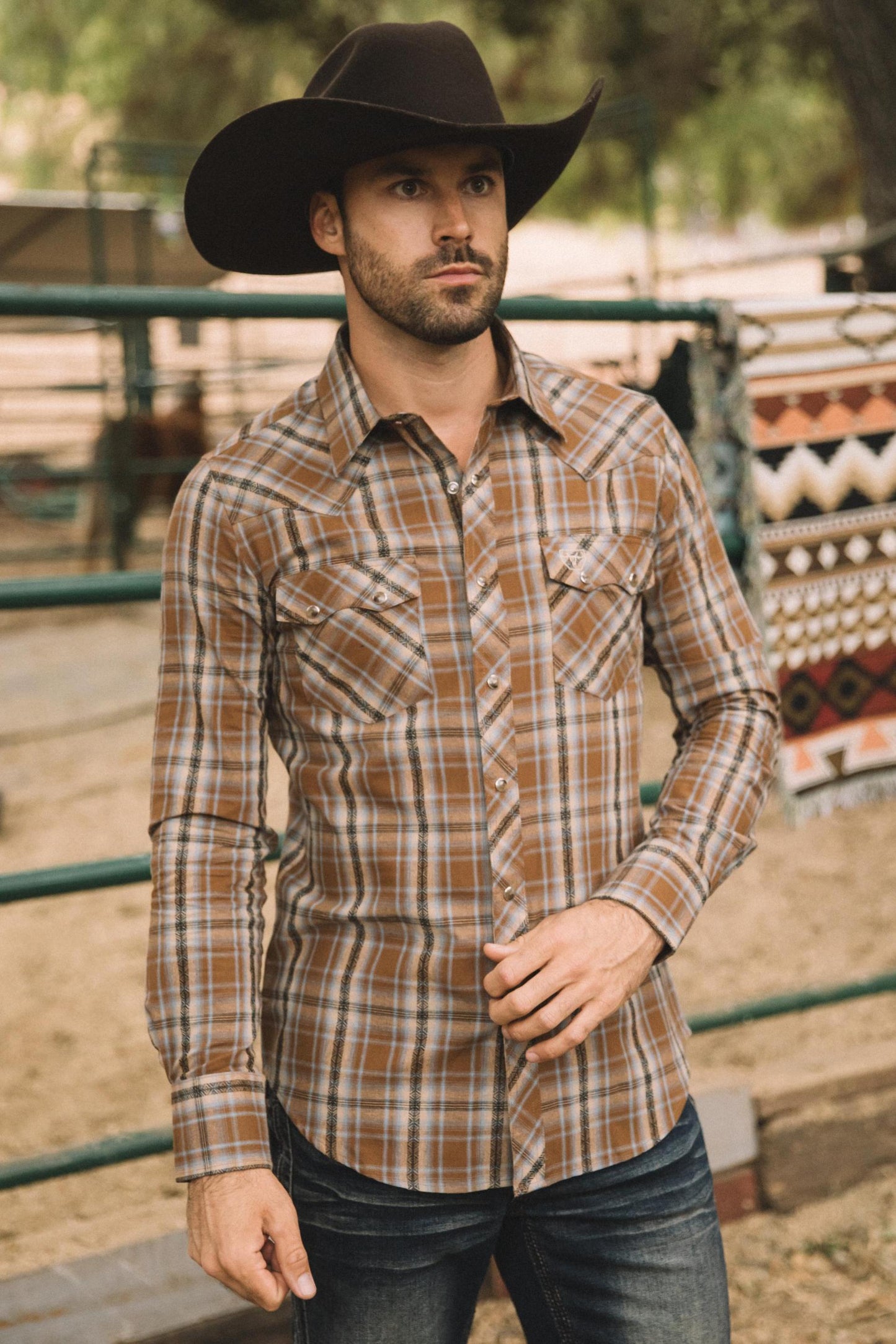 Mens Western Checkered Camel Long Sleeve Shirts