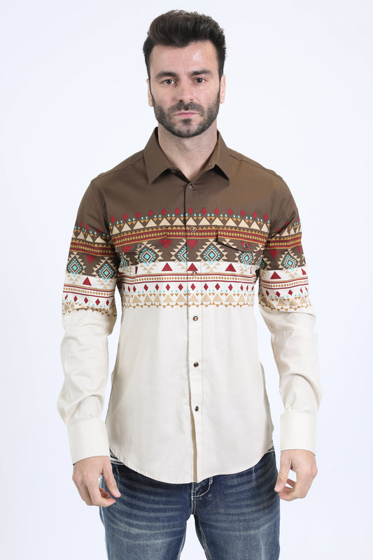 Mens Western Modern Fit Cotton/Spandex Long Sleeve Beige Shirt with Snaps