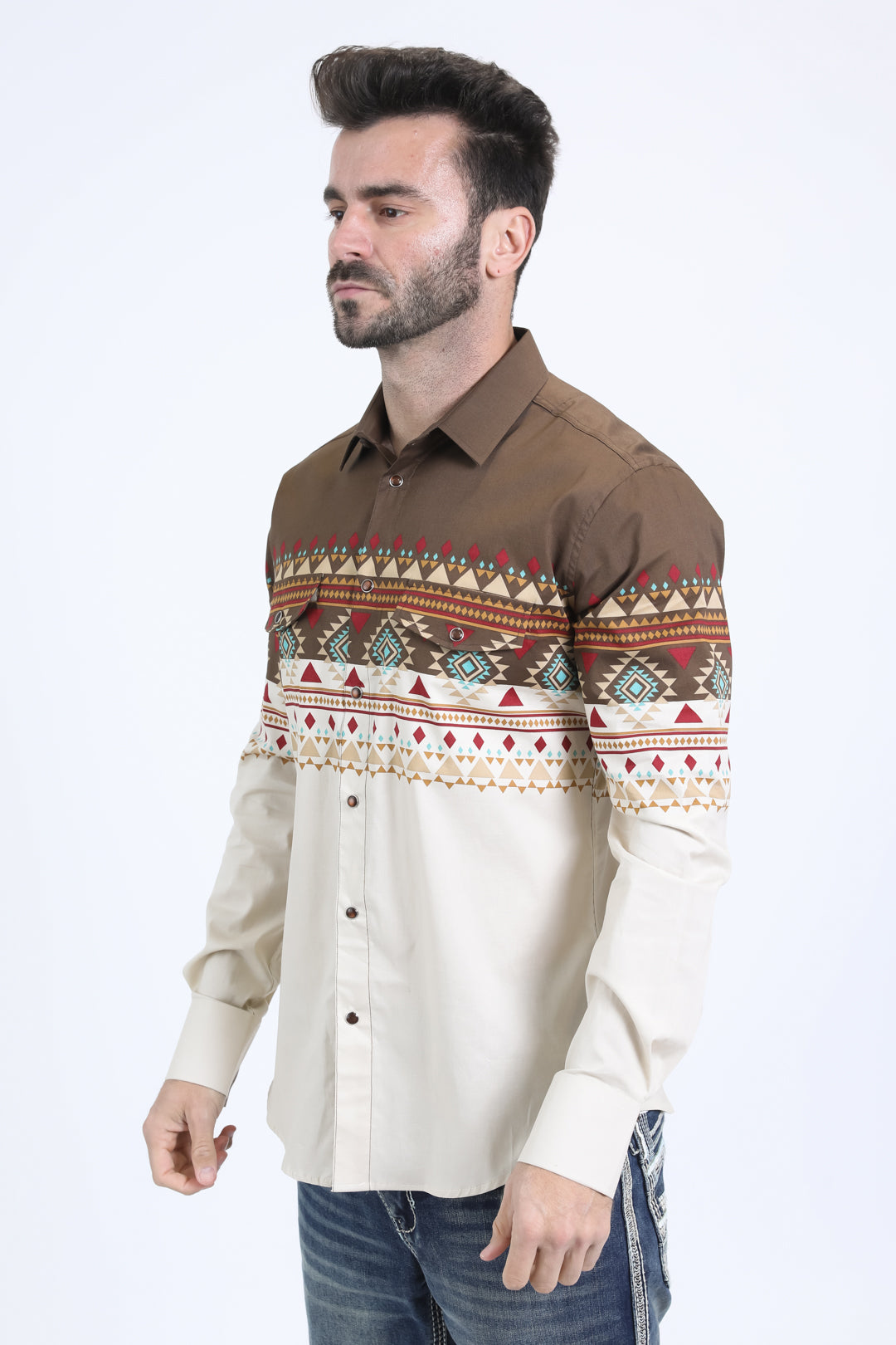 Mens Western Modern Fit Cotton/Spandex Long Sleeve Beige Shirt with Snaps