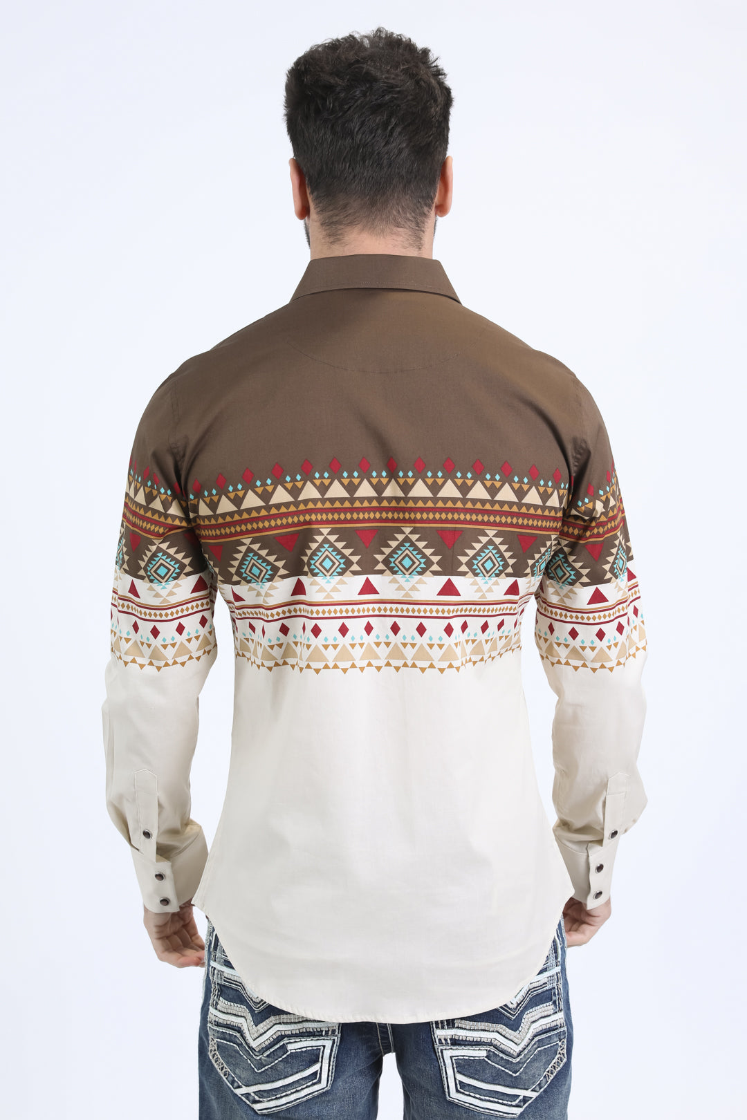 Mens Western Modern Fit Cotton/Spandex Long Sleeve Beige Shirt with Snaps