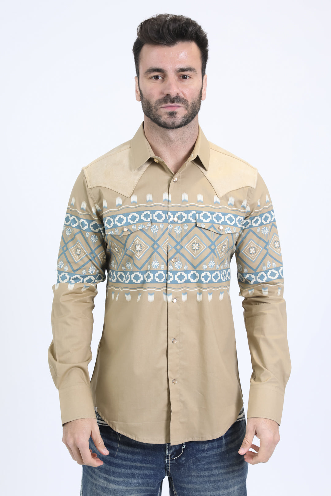 Mens Western Modern Fit Cotton/Spandex Long Sleeve Beige Shirt with Snaps