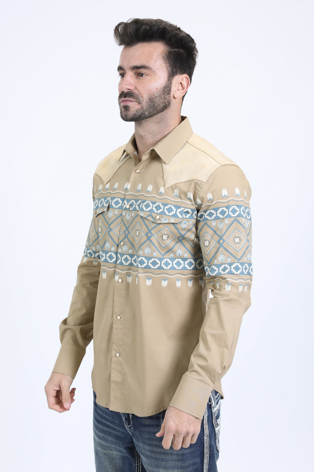 Mens Western Modern Fit Cotton/Spandex Long Sleeve Beige Shirt with Snaps