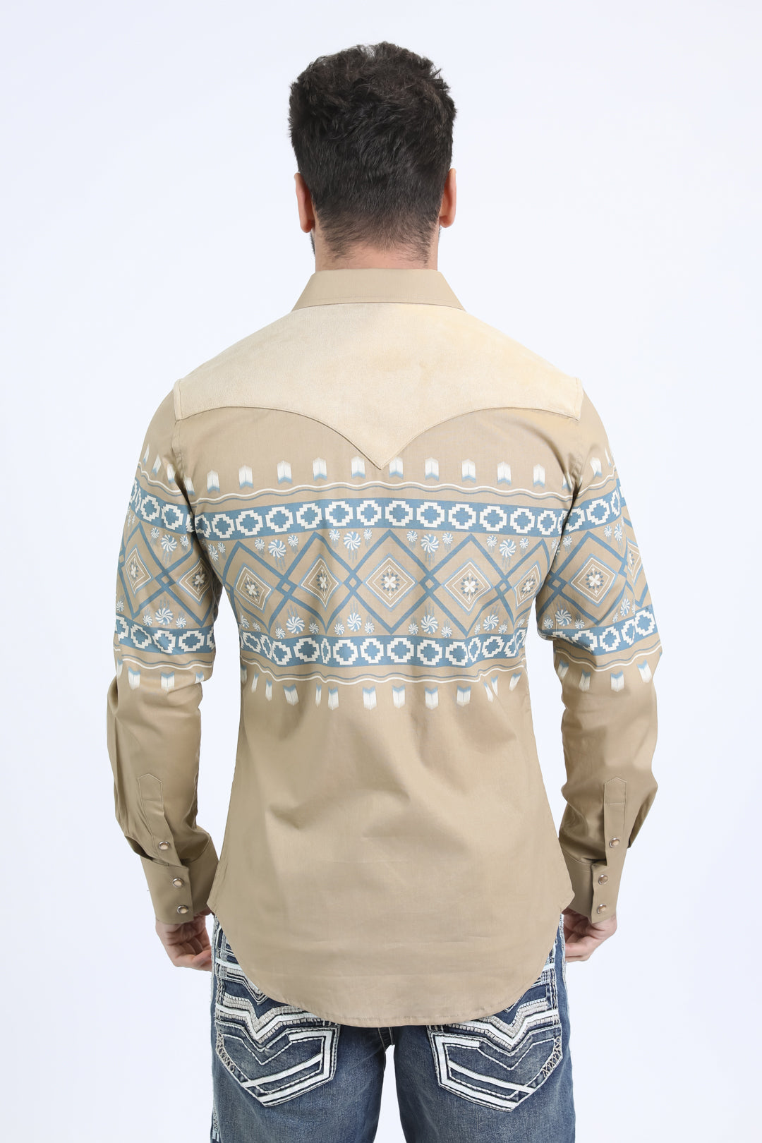 Mens Western Modern Fit Cotton/Spandex Long Sleeve Beige Shirt with Snaps