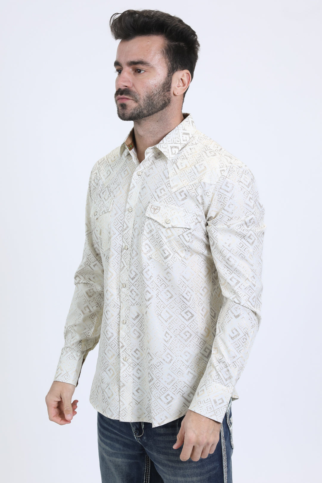 Mens Western Modern Fit Cotton/Spandex Long Sleeve Beige Shirt with Snaps