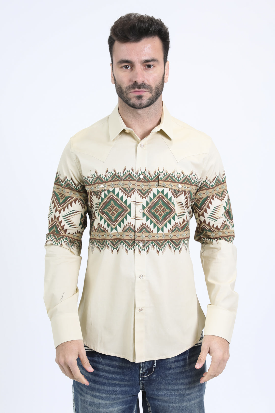 Mens Western Modern Fit Cotton/Spandex Long Sleeve Beige Shirt with Snaps