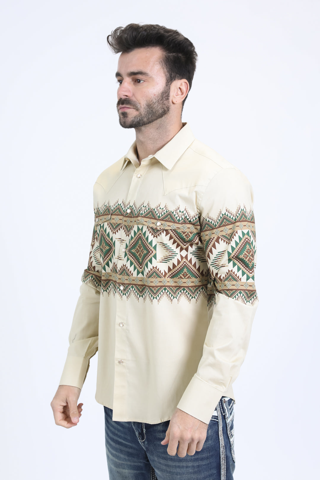 Mens Western Modern Fit Cotton/Spandex Long Sleeve Beige Shirt with Snaps