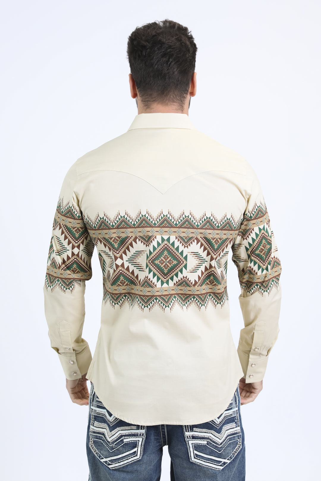 Mens Western Modern Fit Cotton/Spandex Long Sleeve Beige Shirt with Snaps