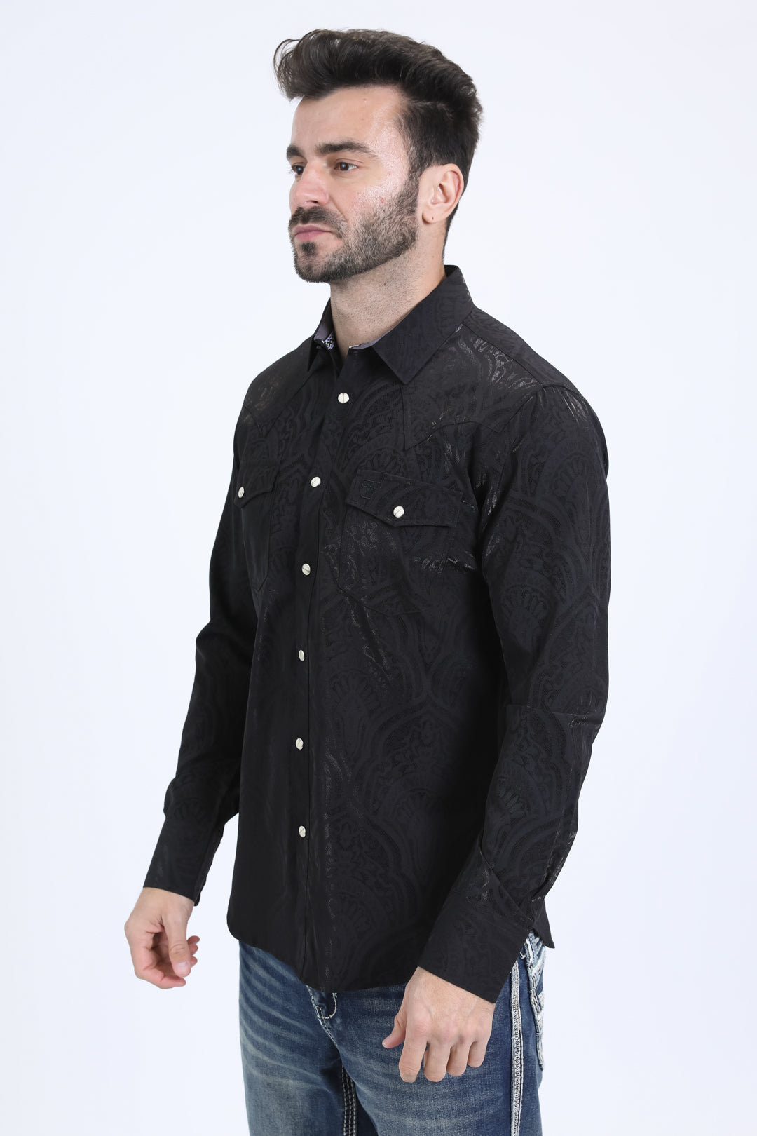 Mens Western Modern Fit Cotton/Spandex Long Sleeve Black Shirt with Snaps