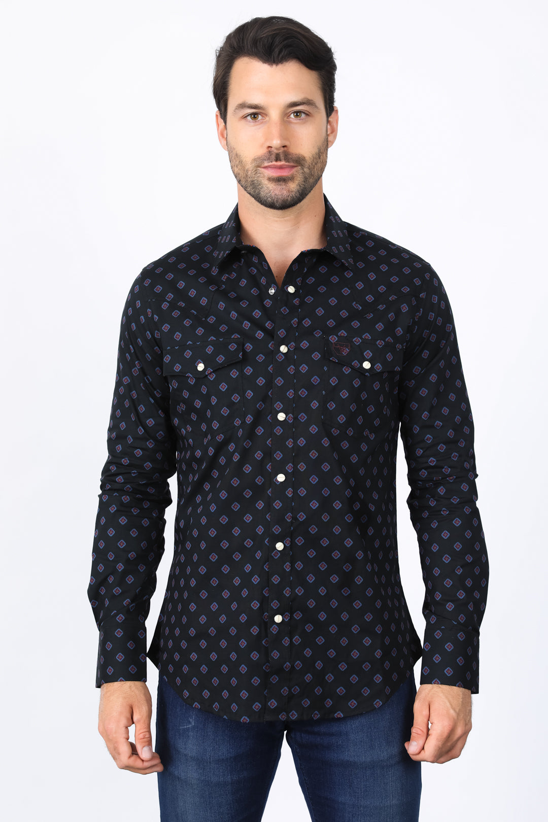 Mens Western Modern Fit Black Long Sleeve Shirt with Snaps