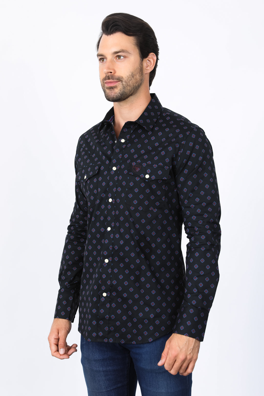 Mens Western Modern Fit Black Long Sleeve Shirt with Snaps