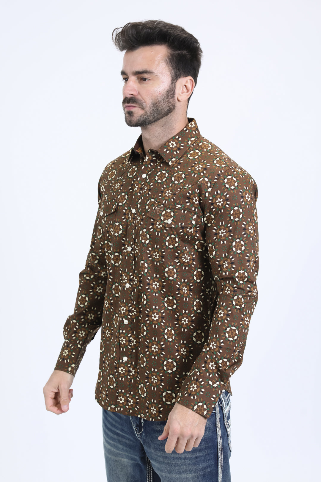 Mens Western Modern Fit Cotton/Spandex Long Sleeve Brown Shirt with Snaps