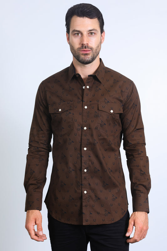 Mens Western Modern Fit Cotton/Spandex Long Sleeve Brown Shirt with Snaps