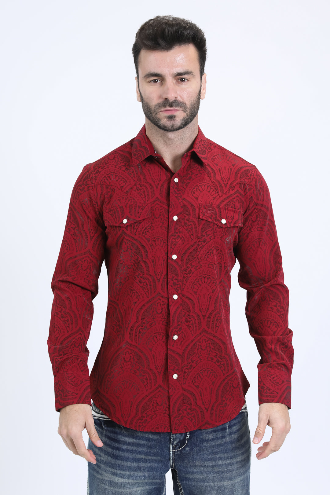 Mens Western Modern Fit Cotton/Spandex Long Sleeve Burgundy Shirt with Snaps