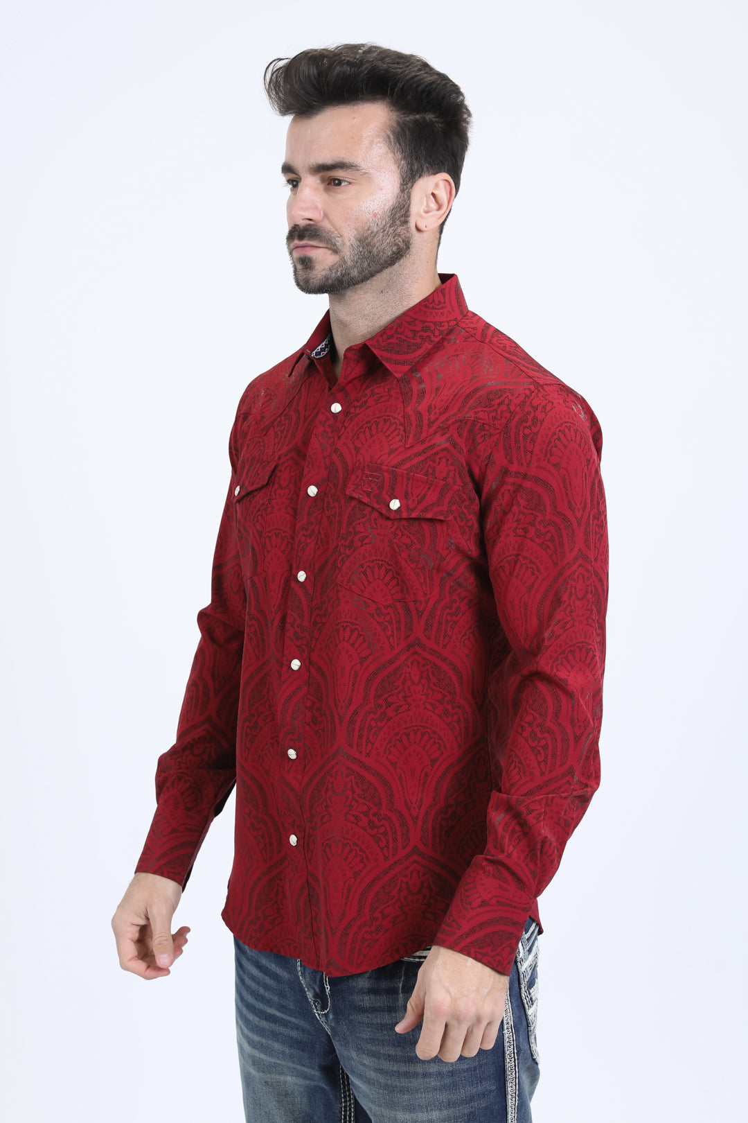 Mens Western Modern Fit Cotton/Spandex Long Sleeve Burgundy Shirt with Snaps