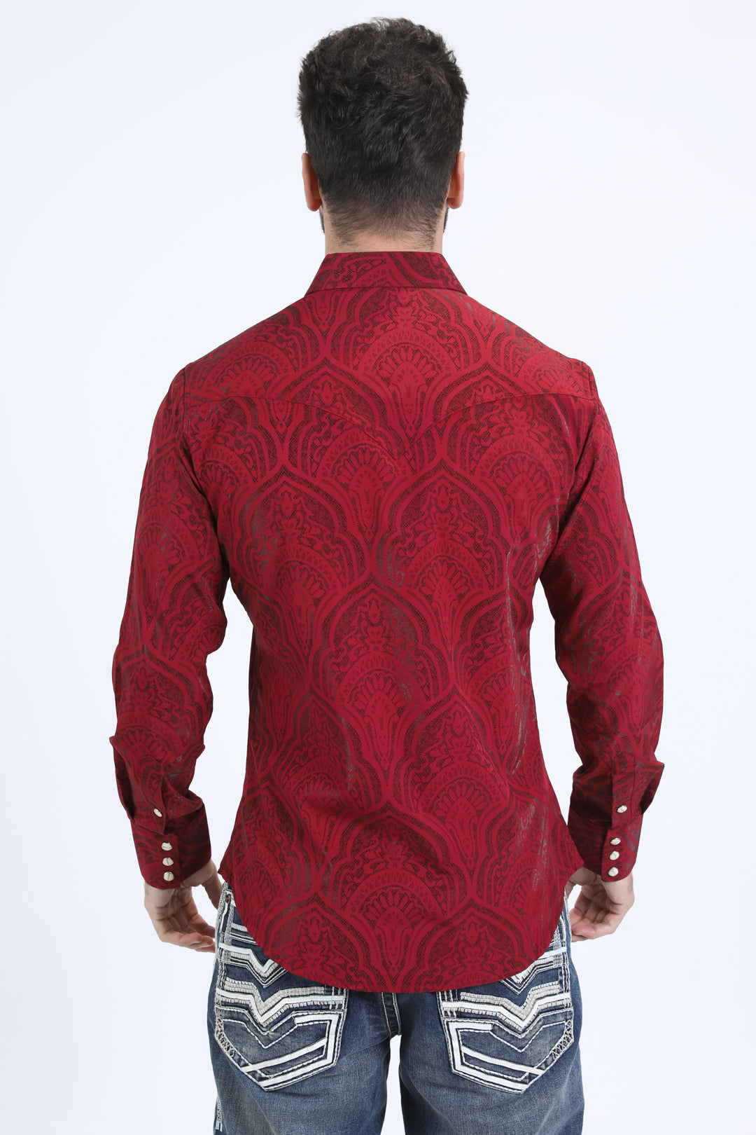 Mens Western Modern Fit Cotton/Spandex Long Sleeve Burgundy Shirt with Snaps