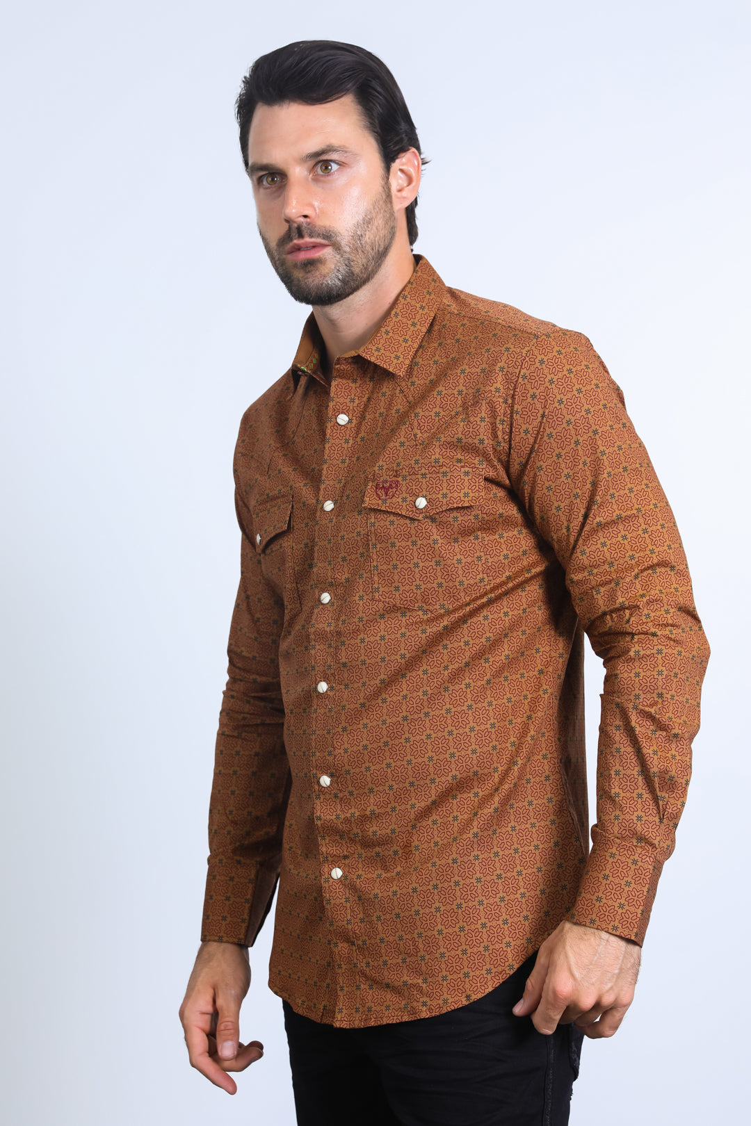 Mens Western Modern Fit Cotton/Spandex Long Sleeve Camel Shirt with Snaps