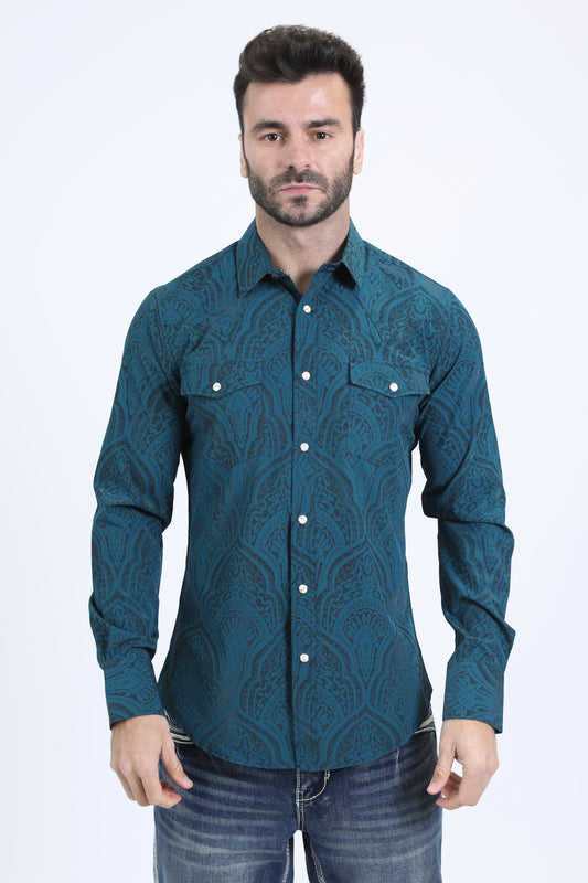 Mens Western Modern Fit Cotton/Spandex Long Sleeve Teal Shirt with Snaps