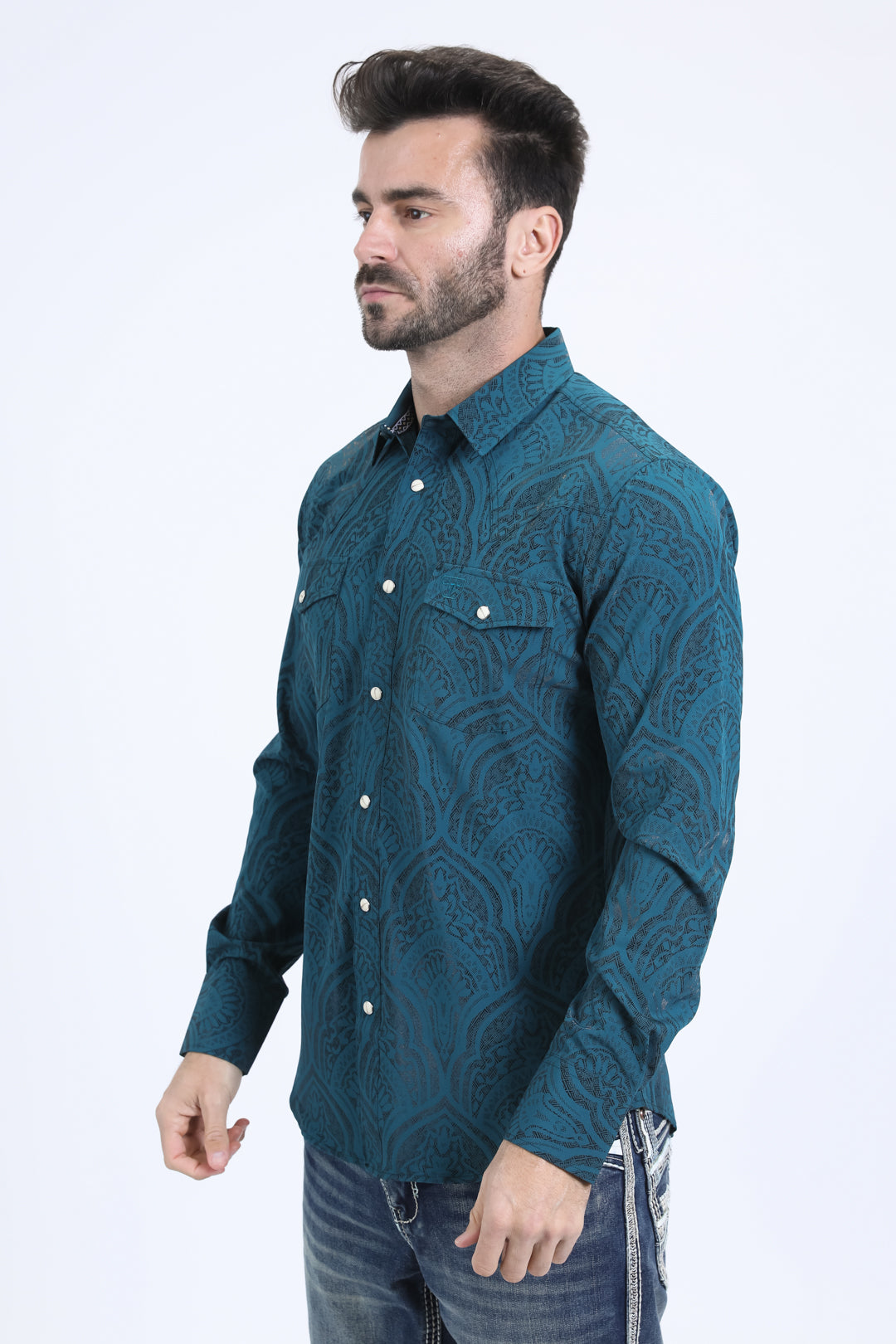 Mens Western Modern Fit Cotton/Spandex Long Sleeve Teal Shirt with Snaps