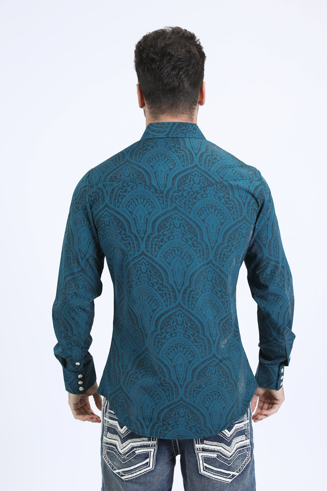 Mens Western Modern Fit Cotton/Spandex Long Sleeve Teal Shirt with Snaps