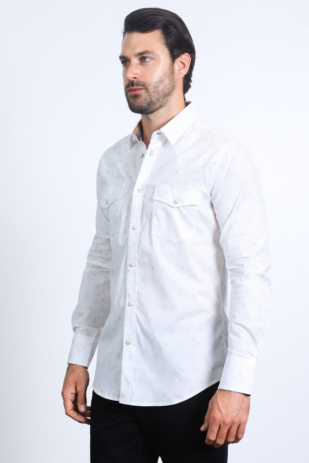 Mens Western Modern Fit Cotton/Spandex Long Sleeve White Shirt with Snaps