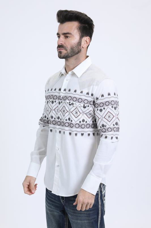 Mens Western Modern Fit Cotton/Spandex Long Sleeve White Shirt with Snaps