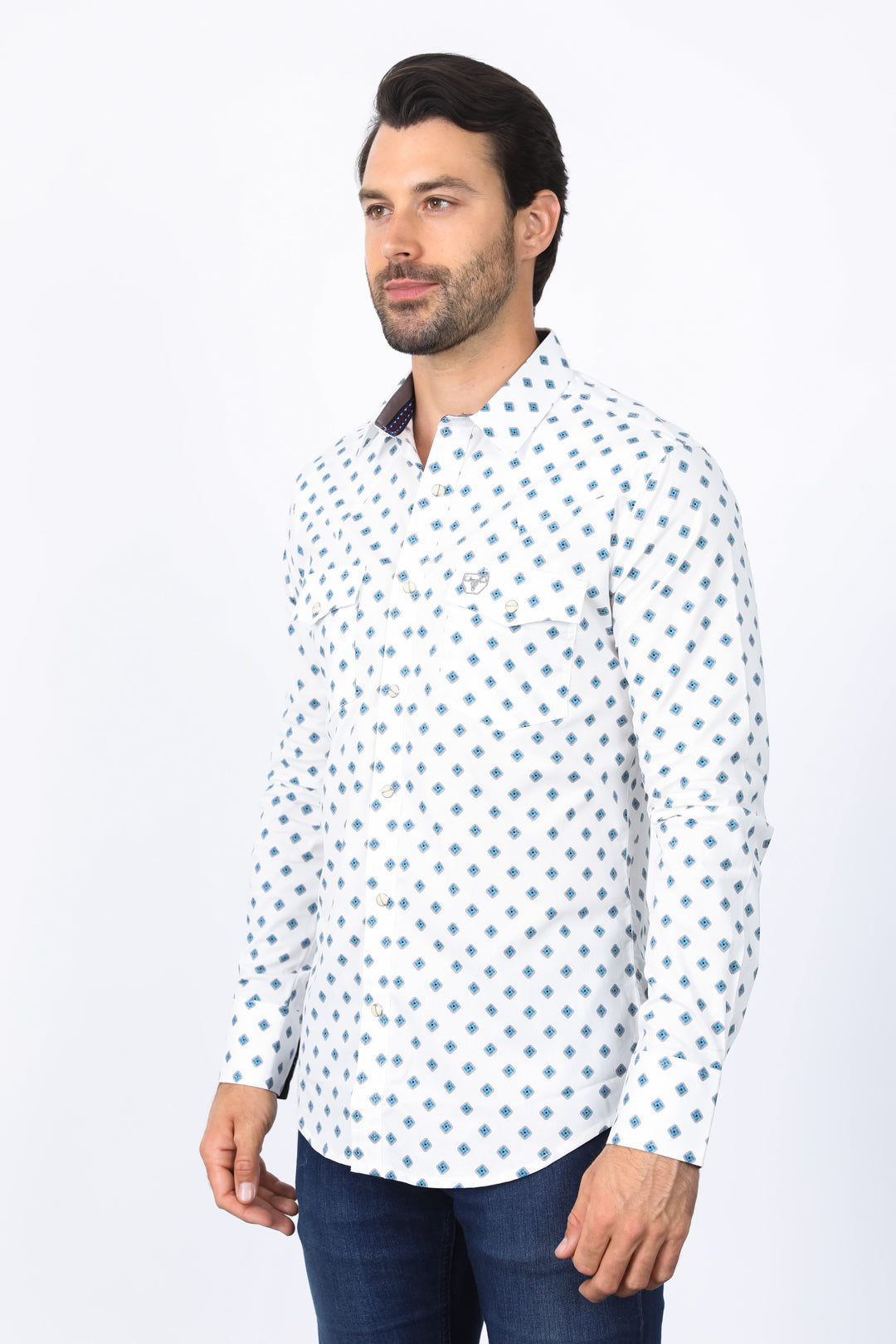 Mens Western Modern Fit White Long Sleeve Shirt with Snaps