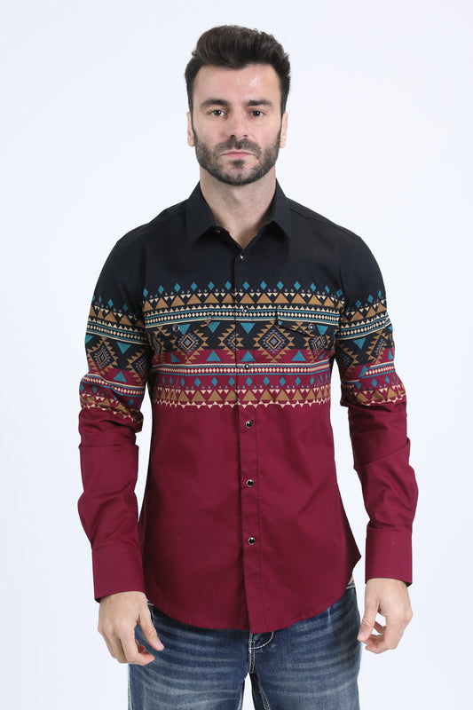 Mens Western Modern Fit Cotton/Spandex Long Sleeve Wine Shirt with Snaps