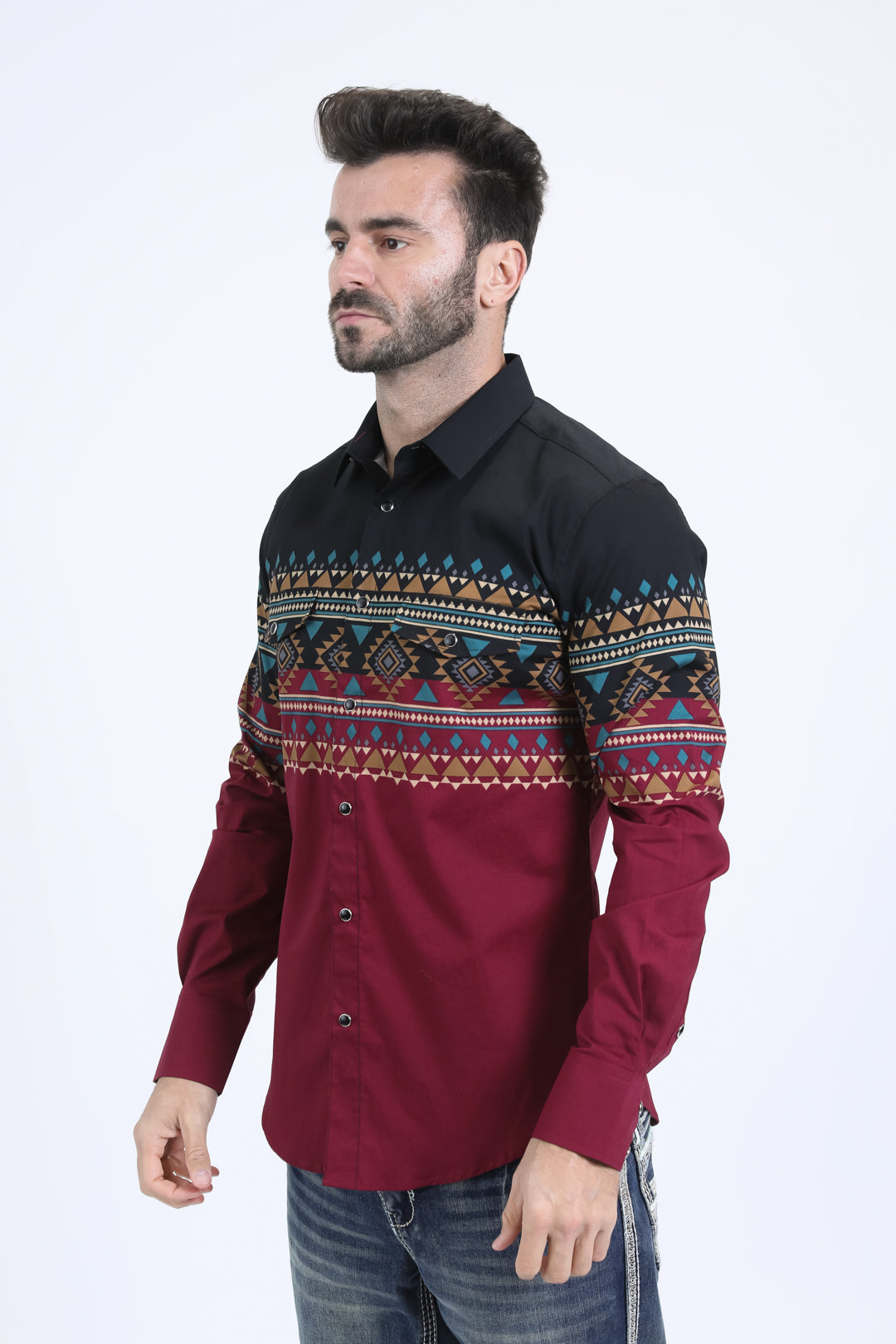 Mens Western Modern Fit Cotton/Spandex Long Sleeve Wine Shirt with Snaps