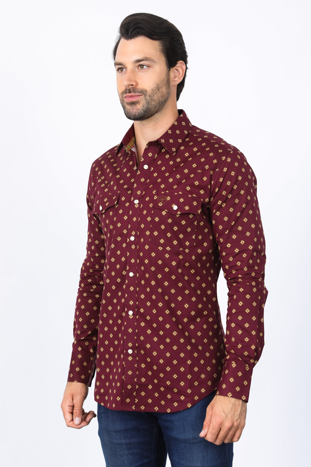 Mens Western Modern Fit Wine Long Sleeve Shirt with Snaps