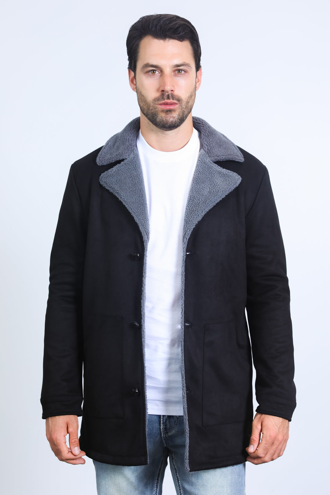 Mens Western-Style Long Faux Suede Black Coat