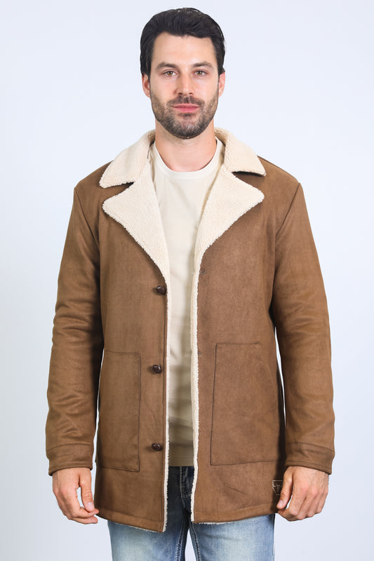 Mens Western-Style Long Faux Suede Brown Coat