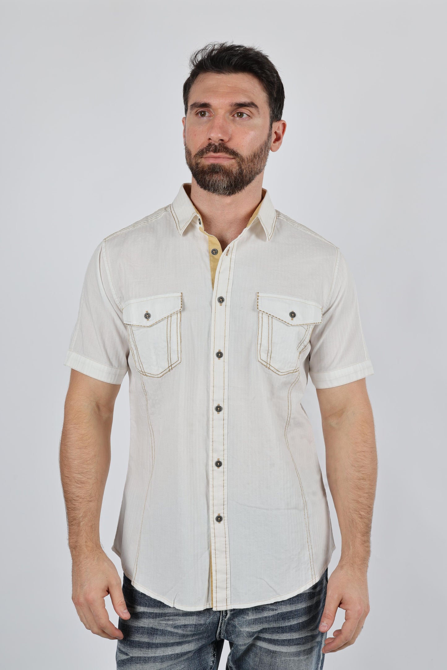 Mens Embroidery Modern Fit Stretch Short Sleeve Shirt