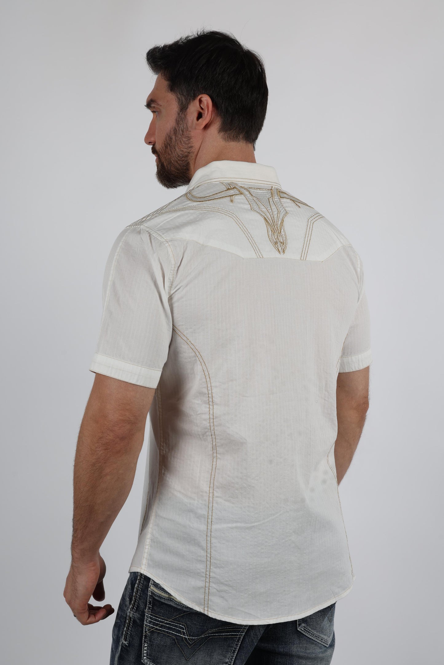 Mens Embroidery Modern Fit Stretch Short Sleeve Shirt