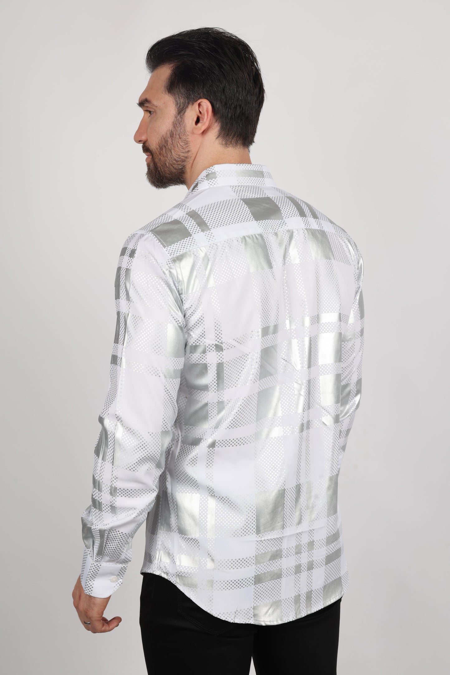 Mens Modern Fit Stretch Foiled White Long Sleeve Shirt