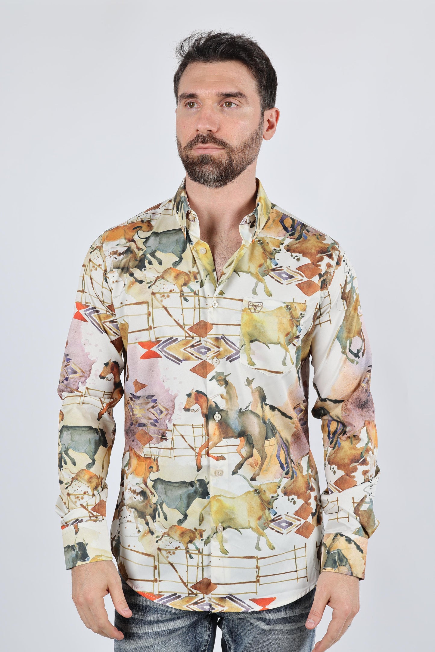 Mens Long Sleeve Modern Fit Stretch Wild Horses Print Shirt