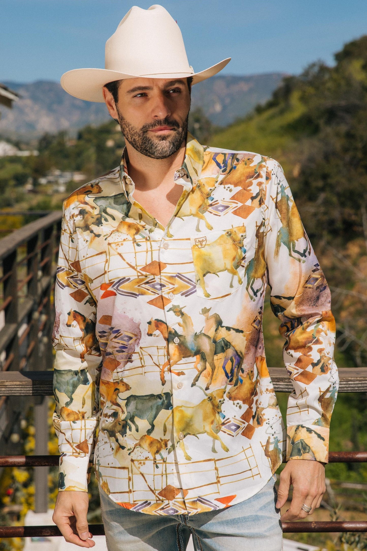 Mens Long Sleeve Modern Fit Stretch Wild Horses Print Shirt