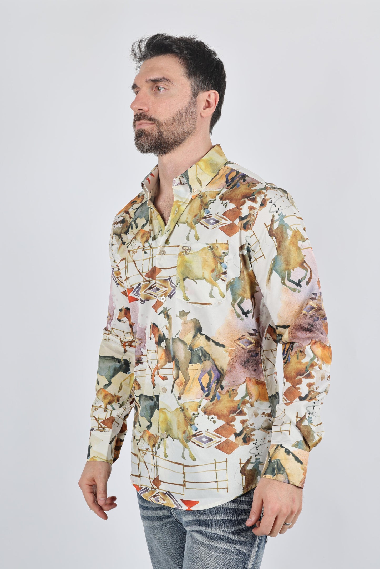 Mens Long Sleeve Modern Fit Stretch Wild Horses Print Shirt