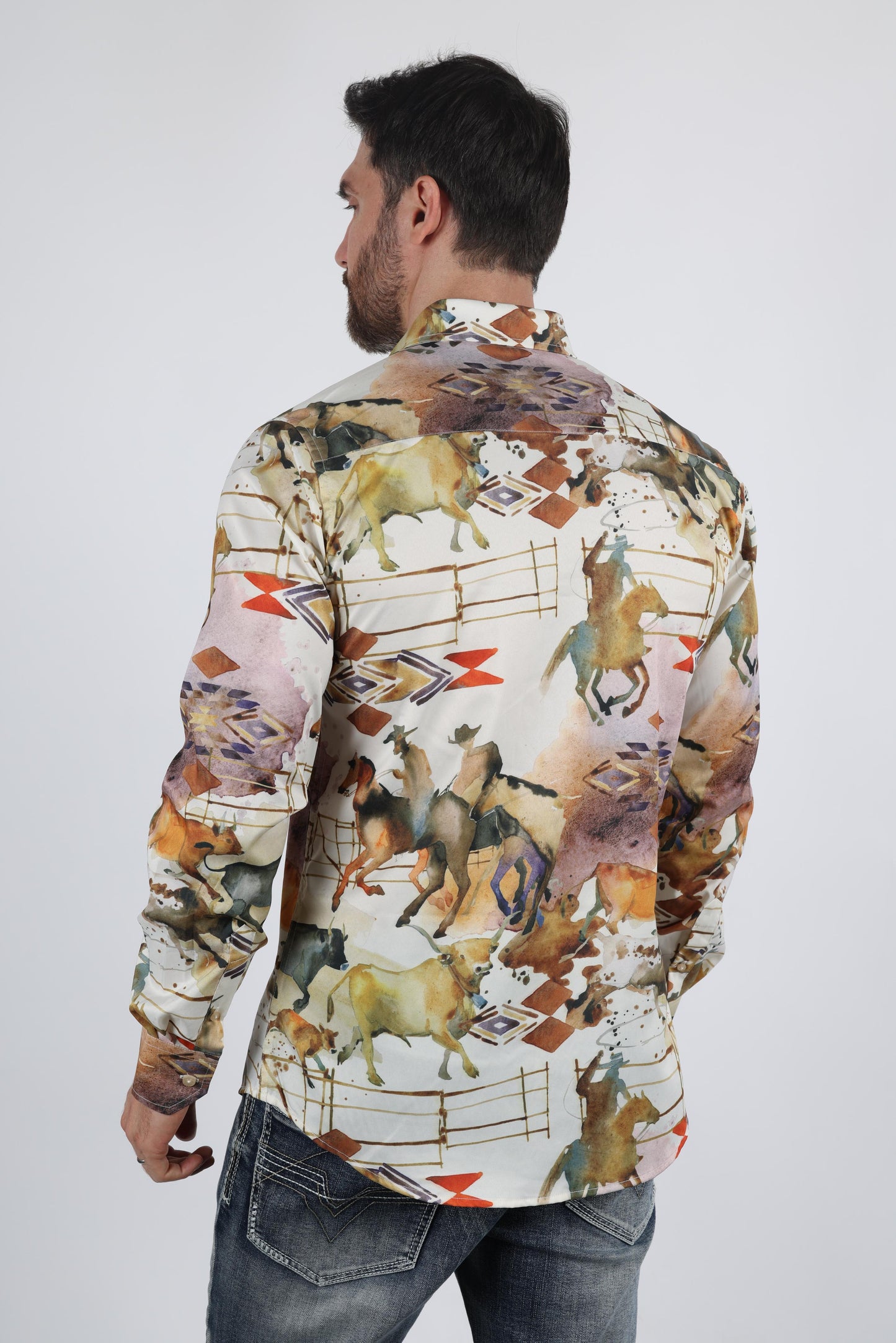 Mens Long Sleeve Modern Fit Stretch Wild Horses Print Shirt