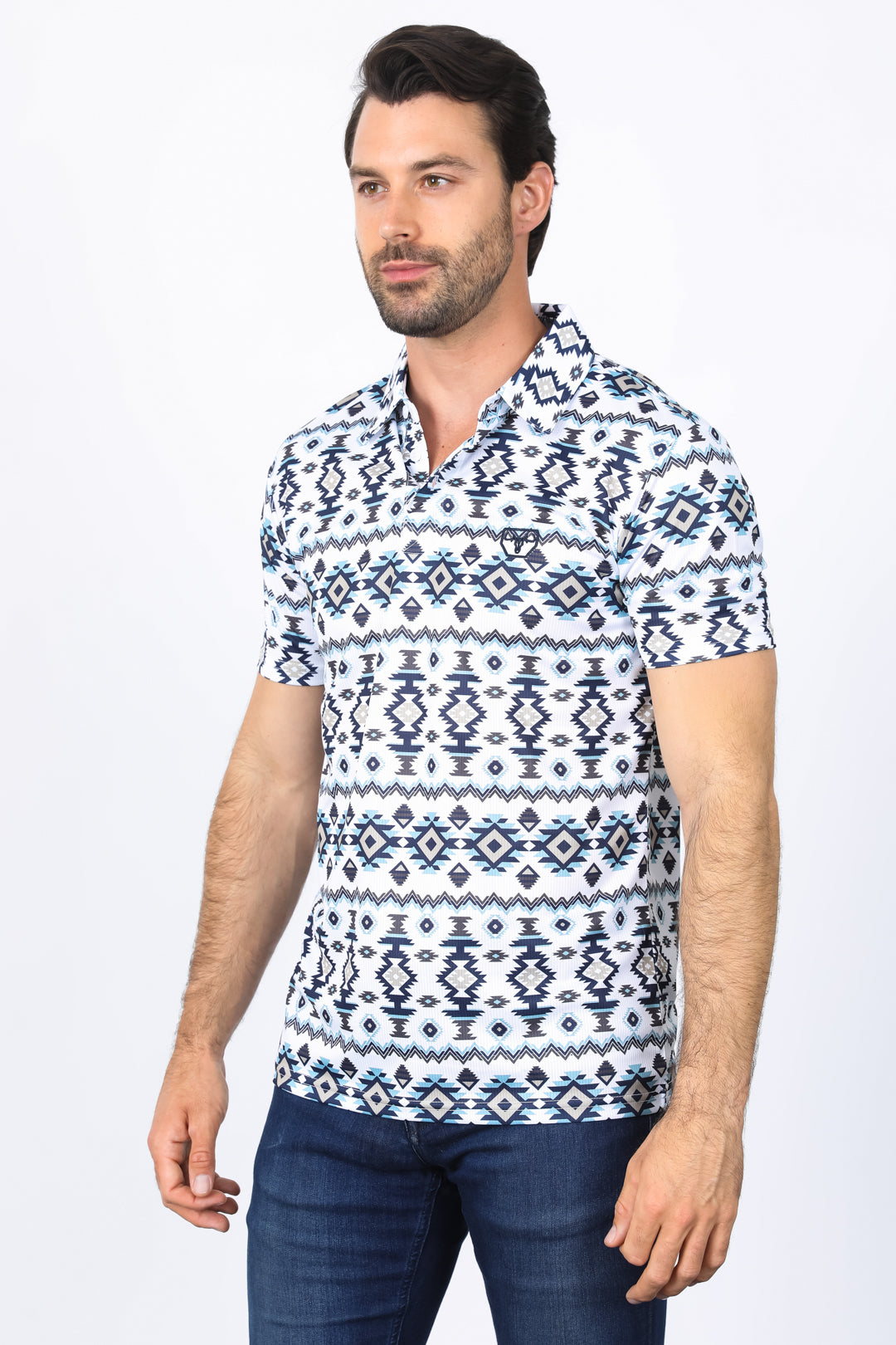 Mens Performance Fabric Modern Fit Stretch Aztec Print White Polo