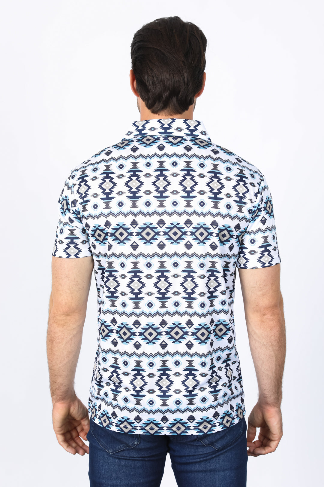 Mens Performance Fabric Modern Fit Stretch Aztec Print White Polo