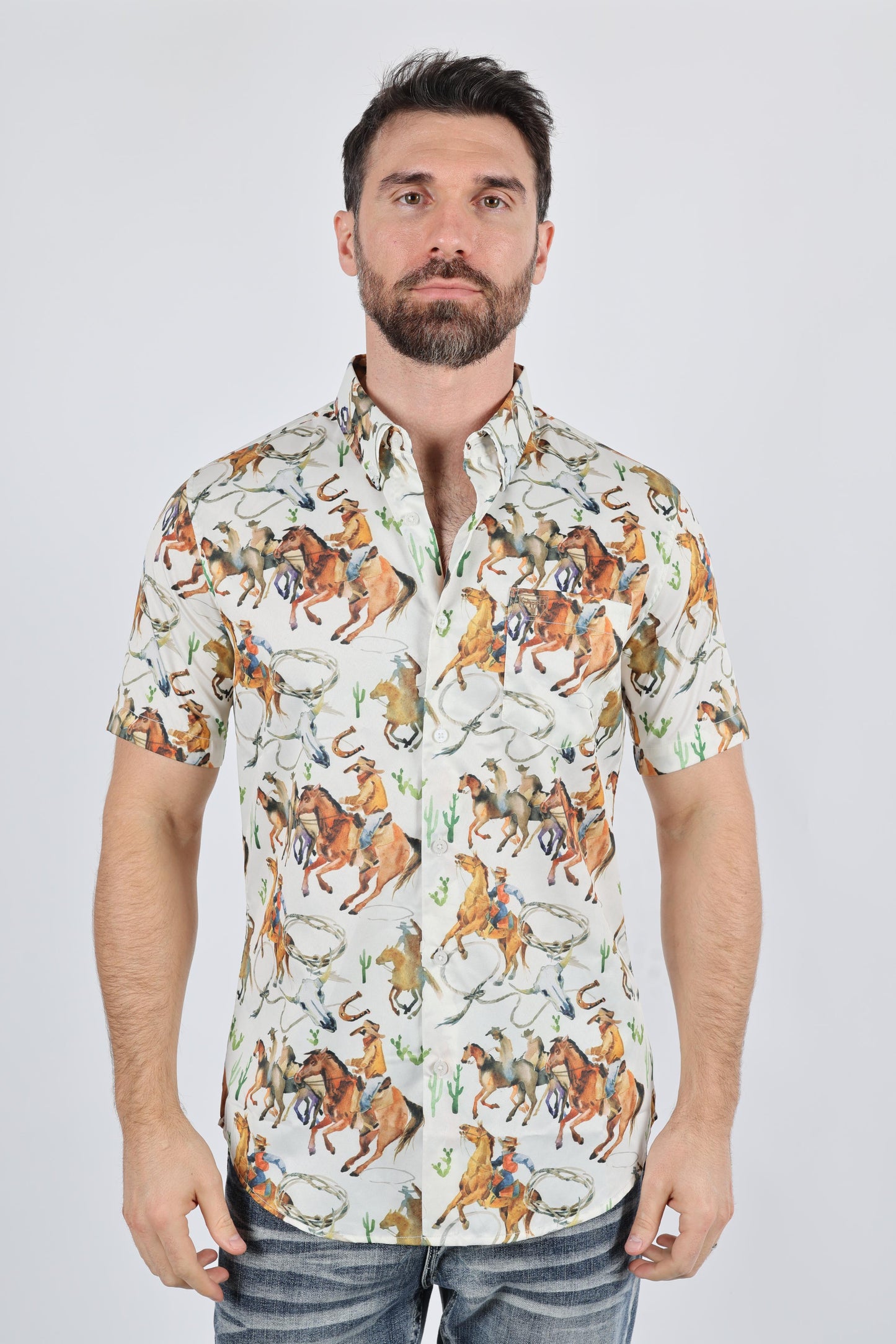 Mens Short Sleeve Modern Fit Stretch Wild Horses Print Shirt