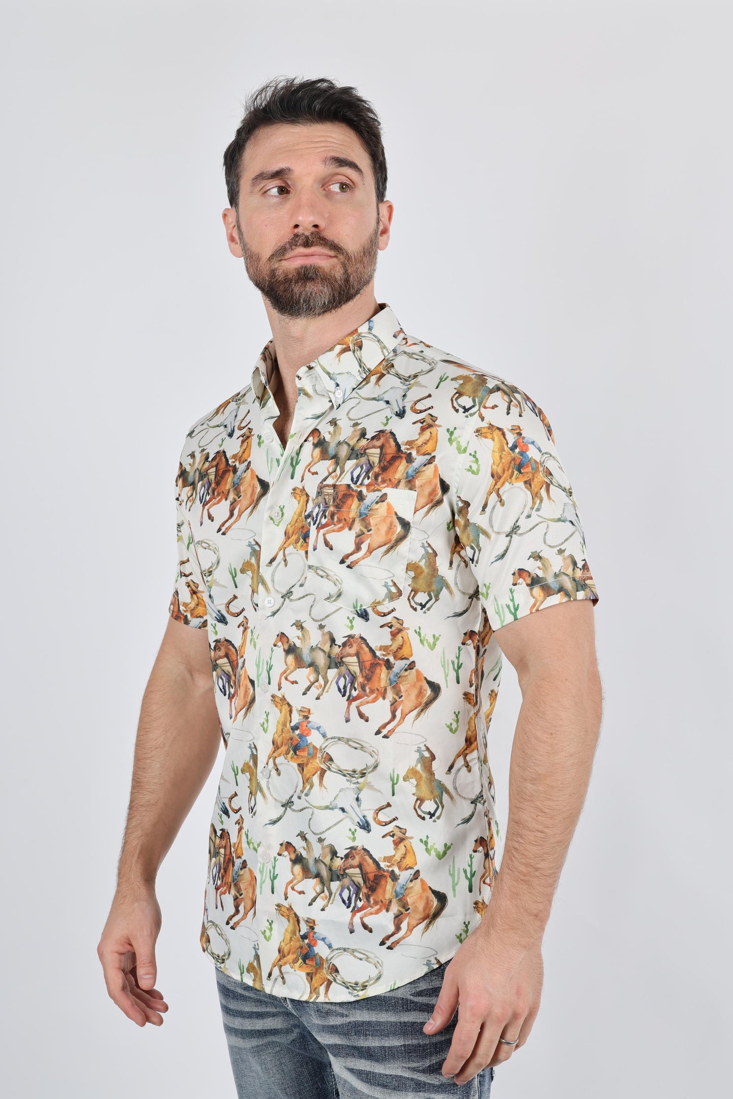 Mens Short Sleeve Modern Fit Stretch Wild Horses Print Shirt