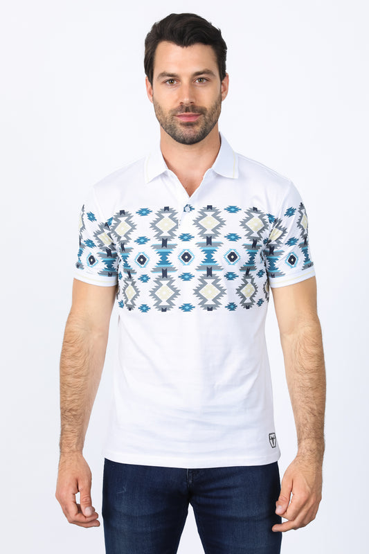 Mens Modern Fit Stretch Cotton Aztec Panoramic Print Polo