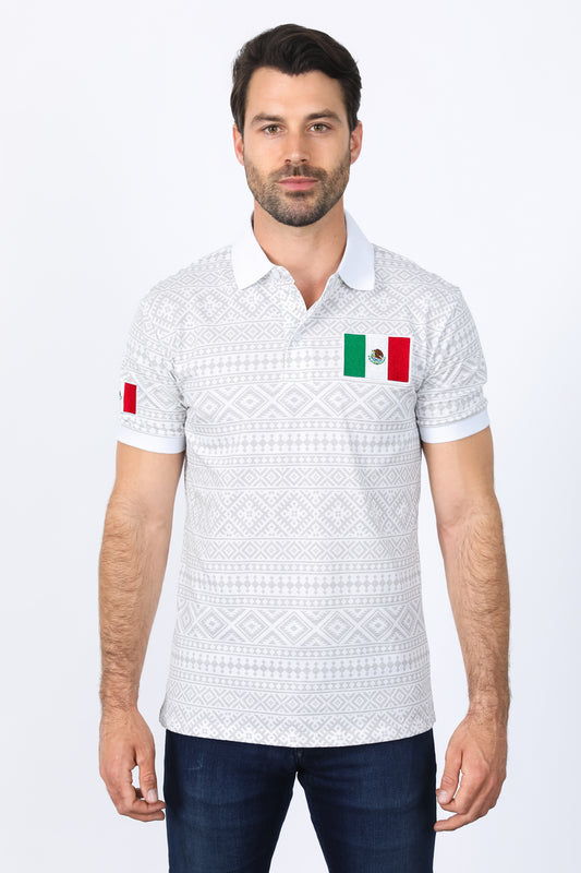 Mens Modern Fit Stretch MEXICO Cotton Polo with Aztec Print